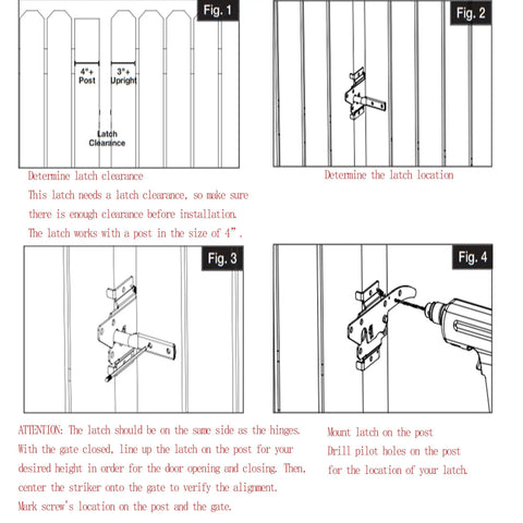 Instructions showing installation of Self-Locking Gate Latch With Post Mount For Wood Fences, Automatic Gravity Lever, Steel Black Finish