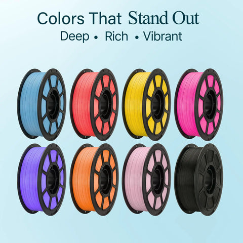 Nine colorful spools of 3D printer filament showcasing vibrant hues, not specific to PLA 3D Printer Filament 1.75mm 1kg Spool Peanut Brown.