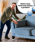 Man using Beefy Heavy Duty Furniture Mover Dolly With Four Wheels Sliders And Lifter Tool to adjust sofa height