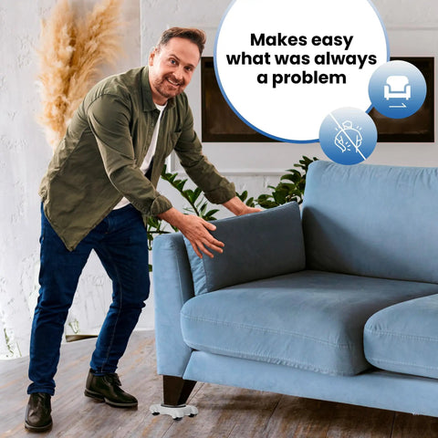 Man using Beefy Heavy Duty Furniture Mover Dolly With Four Wheels Sliders And Lifter Tool to adjust sofa height