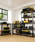 Heavy Duty Garage Shelving 2100 Lbs Capacity With Thick Steel Frames And Reinforced MDF Shelves organized with tools and storage bins.