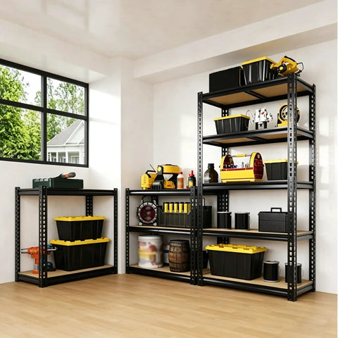Top Shelf Heavy Duty Five Tier Garage Storage Rack With Adjustable Steel Uprights And Durable MDF Boards delivering two thousand pounds. Organized tools and storage bins in a workshop.