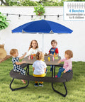 Outdoor Kids Picnic Table Set For 8 With Four Built In Benches, Removable Umbrella, Metal Frame And HDPE Top in use by children