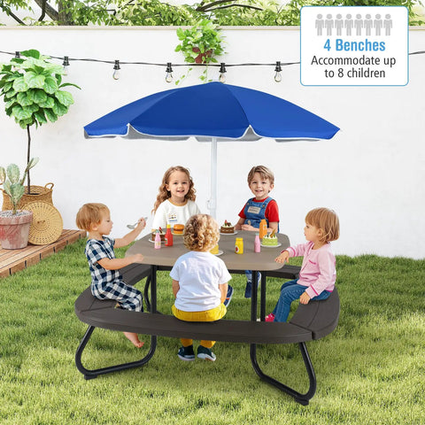 Outdoor Kids Picnic Table Set For 8 With Four Built In Benches, Removable Umbrella, Metal Frame And HDPE Top in use by children