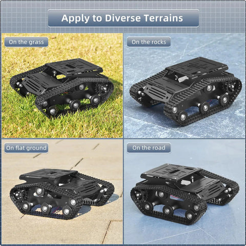 Shock Absorbing Tank Robot Chassis With Motor For Raspberry Pi And Arduino Dope Full Metal Track Platform shown on various terrains
