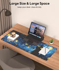 Starry Night Cat Mouse Pad 31.5 By 11.8 Large Desk Mat with Stitched Edges Non Slip Rubber Base used on a desk with laptop