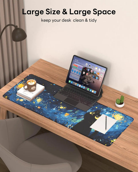 Starry Night Cat Mouse Pad 31.5 By 11.8 Large Desk Mat with Stitched Edges Non Slip Rubber Base used on a desk with laptop