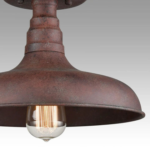 Vintage Retro Rustic Metal Barn Semi Flush Mount Ceiling Light with rust finish, featuring industrial design and E26 bulb socket.