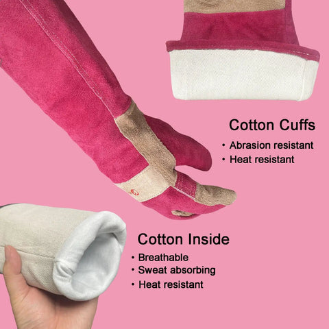 Long Leather Gardening Gloves For Women With Rose Pruning Design Heat Resistant Heavy Duty Work Gloves For Yard Tasks Welding BBQ Cooking Fireplace And Chainsaw Use Pink Medium showing cotton cuffs and inside