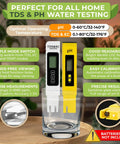 TDS and pH meters for indoor vertical hydroponic tower garden system, shown in a glass, with detailed features listed.