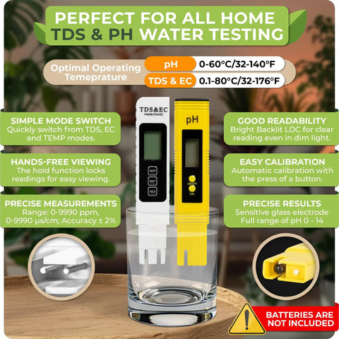 TDS and pH meters for indoor vertical hydroponic tower garden system, shown in a glass, with detailed features listed.