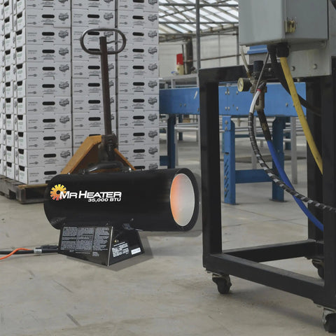 Propane Forced Air Heater 35,000 BTU for small shops and garages, placed in industrial space, heats up to 800 sq ft, requires 20 lb tank.