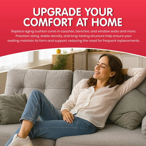 Woman relaxing on a sofa featuring High Density Upholstery Foam Cushion Replacement 2 Inch Thick 24 Inch Wide 72 Inch Long Perfect For Sofa Or Couch Seat Cushions Benches And More Durable As Heck For DIY Upholstery Projects in a modern living room.