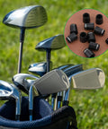 Golf iron clubs in a bag with inset showing 12 Pack Black Golf Ferrules For Irons 0.355 Inch Ferrule Tips With Silver Ring Sleeve Adapter