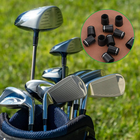 Golf iron clubs in a bag with inset showing 12 Pack Black Golf Ferrules For Irons 0.355 Inch Ferrule Tips With Silver Ring Sleeve Adapter