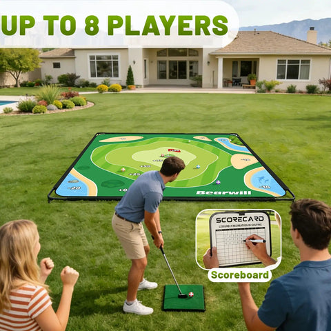 Epic Backyard Golf Chipping Game For Adults with 6x6 ft mat and Velcro balls, up to 8 players enjoying a game in a backyard.