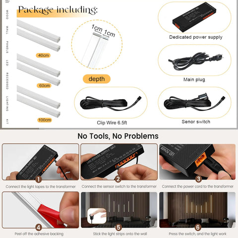 Package contents for 6-Lights LED Recessed Lighting Wall Panel Lights, including clips, wires, and power supply.