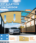 Installation comparison of 9 By 26 Feet Straight Edge Sun Shade Sail For Outdoor Patio Pergola Garden In Sand Color over car parking