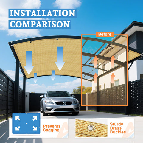 Installation comparison of 9 By 26 Feet Straight Edge Sun Shade Sail For Outdoor Patio Pergola Garden In Sand Color over car parking