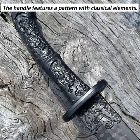 Handle detail of Two Pack Polypropylene Martial Swords For Practice And Training Katana Style Bokken with dragon engravings.
