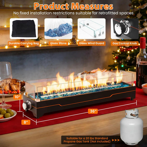 36 Inch Tabletop Propane Fire Pit With 50000 BTU Portable Gas Fireplace For Patio Hangs And Outdoor Use with glass guard
