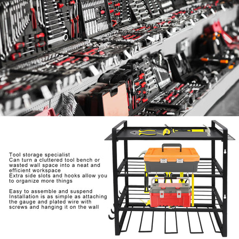 Heavy Duty Metal Wall Mount Power Tool Organizer With Extra Slots And Hooks For Sick Garage Shop Setup, showing tool organization on rack.