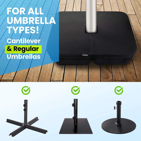 BaseMate 4 Piece EVA Umbrella Base Weights Up To 200 Lb For various umbrella types, all-weather 900D bags shown on wooden deck