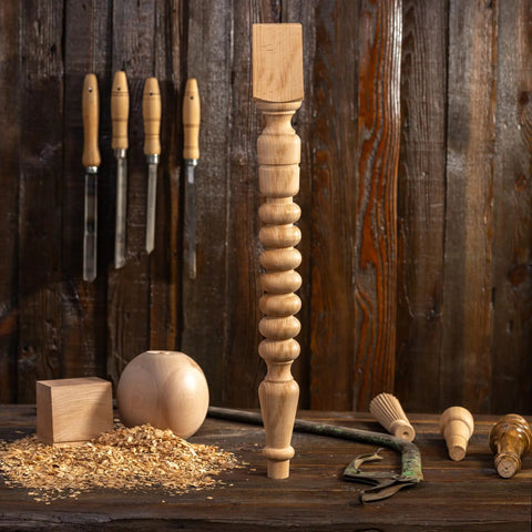 Solid Beech Wood Table Leg Forty Inches High Lightly Sanded Finish with woodworking tools on a rustic wooden surface.