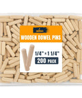 1/4 X 1-1/4 Inch Fluted Wood Dowel Pins, Birch Hardwood Dowels, 200 Pack For Woodworking and Joinery in plastic box