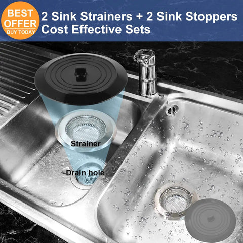 4 Pack Kitchen Sink Strainer Stopper Set, Universal Silicone Drain Cover And Stainless Steel Filter in sink display