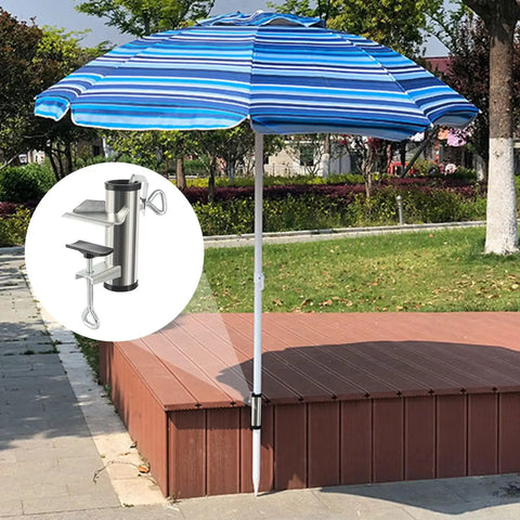 Blue striped umbrella secured with Two Pack Heavy Duty Umbrella Clamp Galvanized Steel Adjustable Deck Mount For Patio Balcony Railing