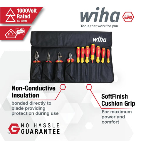 Beefed Up Insulated Industrial Pliers And Drivers Kit In Roll Out Pouch With Long Nose Pliers, Pro Grade Combo Pliers, And Diagonal Cutters