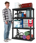 Four Shelf Beefy Heavy Duty Plastic Storage Shelves With 600 Pound Capacity, 56 Inches High By 36 Inches Wide By 18 Inches Deep, Large Modular Storage Rack For Garage Home Warehouse And Gym, Black, loaded with various items