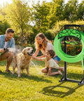 Family using Beefy Garden Hose Holder With Storage Basket And Tool Hooks Freestanding Metal Hose Stand Holds Up To 160 Ft Rustproof Outdoor Hose Organizer for Yard Lawn Farm beside a dog in garden