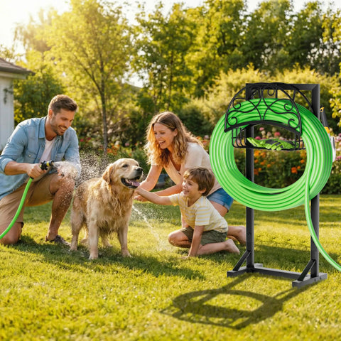 Family using Beefy Garden Hose Holder With Storage Basket And Tool Hooks Freestanding Metal Hose Stand Holds Up To 160 Ft Rustproof Outdoor Hose Organizer for Yard Lawn Farm beside a dog in garden