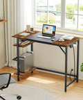 Compact Computer Desk With Built In Charging Station And USB Ports Modern Home Office Writing Desk With Two Shelves Easy Assembly Rustic Brown And Black Finish Great For Small Spaces
