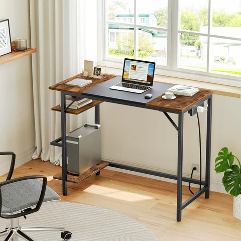 Compact Computer Desk With Built In Charging Station And USB Ports Modern Home Office Writing Desk With Two Shelves Easy Assembly Rustic Brown And Black Finish Great For Small Spaces