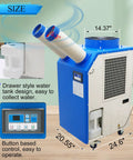 Heavy Duty Rolling Industrial Spot Cooler With 14L Reservoir And Adjustable Vents Delivers Straight Up 18700 Btu No Sweat Cooling for workshops, detailed size and features.