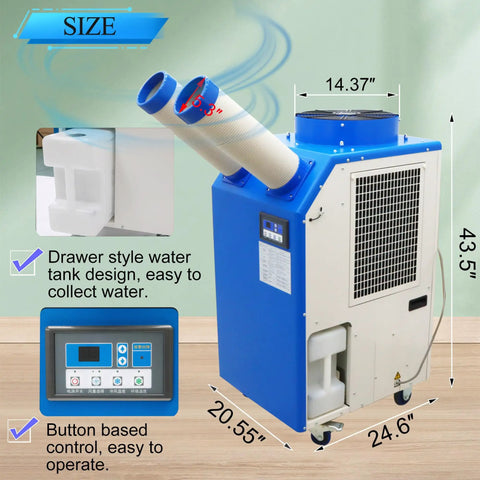 Heavy Duty Rolling Industrial Spot Cooler With 14L Reservoir And Adjustable Vents Delivers Straight Up 18700 Btu No Sweat Cooling for workshops, detailed size and features.