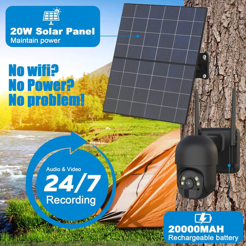 Outdoor Cellular Security Camera No WiFi Required 4G Solar Powered With 20W Solar Panel And 20000mAh Battery PTZ