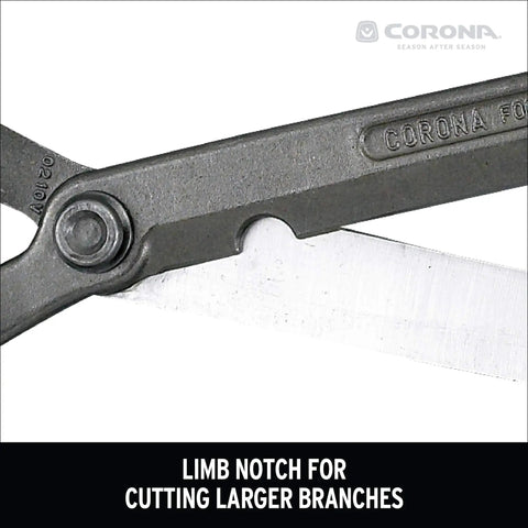 Close-up of limb notch on Forged Hedge Shears With Eight And A Quarter Inch Blade Heavy Duty Garden Pruning Tool.