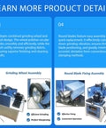 Heavy Duty Automatic Circular Saw Blade Sharpener And Round Grinding Machine, 220V Pro Grade Sharpening System With Bright Work Light, Knocks Dull Edges Off 50 To 300 Mm Steel Fast, grinding wheel and brush assembly details.