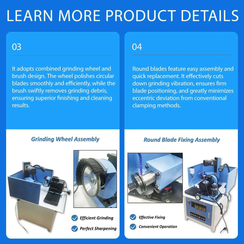Heavy Duty Automatic Circular Saw Blade Sharpener And Round Grinding Machine, 220V Pro Grade Sharpening System With Bright Work Light, Knocks Dull Edges Off 50 To 300 Mm Steel Fast, grinding wheel and brush assembly details.