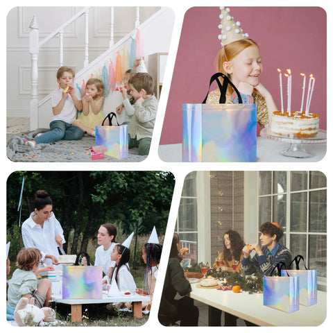 Poppin Glossy Iridescent Gift Bags Set Of 15 Reusable Goodie Bags With Handles And Sturdy Bases For Christmas Birthday Wedding Holiday Party And Thanksgiving 12.6 By 4.7 By 11 Inches with children celebrating with cake and outdoors gathering