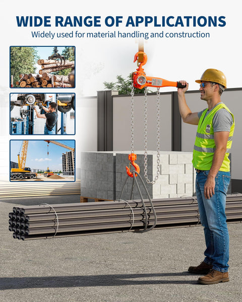 Worker using Beefy 1-1/2 Ton Manual Lever Chain Hoist with 10 Ft G80 Galvanized Chain, 3300 Lb Capacity on construction site