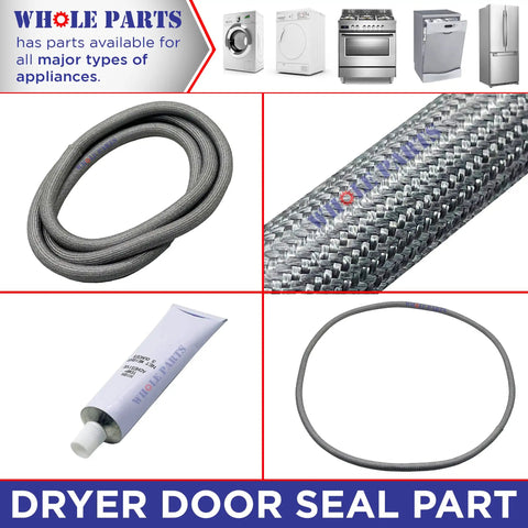 Upgraded Dryer Door Seal W10906683 Replacement Gasket shown with close-up texture and adhesive tube