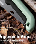 Foldable Pruning Saw 9.5 Inch SK5 Blade With Adjustable Cutting Angles, ergonomic non-slip grip on a forest floor background