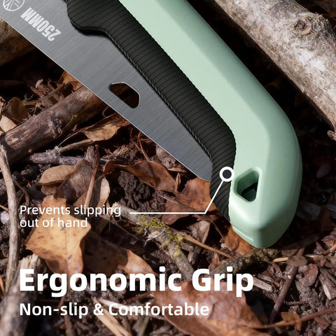 Foldable Pruning Saw 9.5 Inch SK5 Blade With Adjustable Cutting Angles, ergonomic non-slip grip on a forest floor background