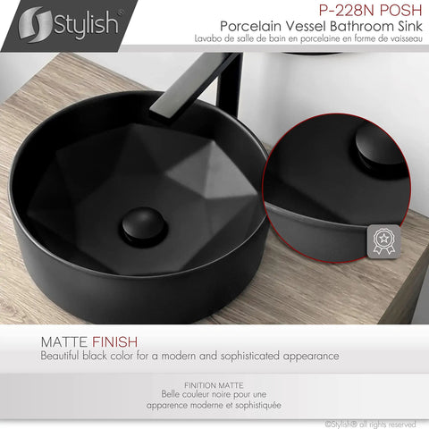Dope Matte Black Round Vessel Sink 16 Inch Porcelain Over The Counter Bathroom Basin With Enamel Glaze Finish Smooth Non Porous Surface