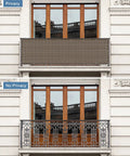 Brown Balcony Privacy Screen Fence Cover 3x10 Ft HDPE Mesh installed on apartment railing for privacy and wind protection